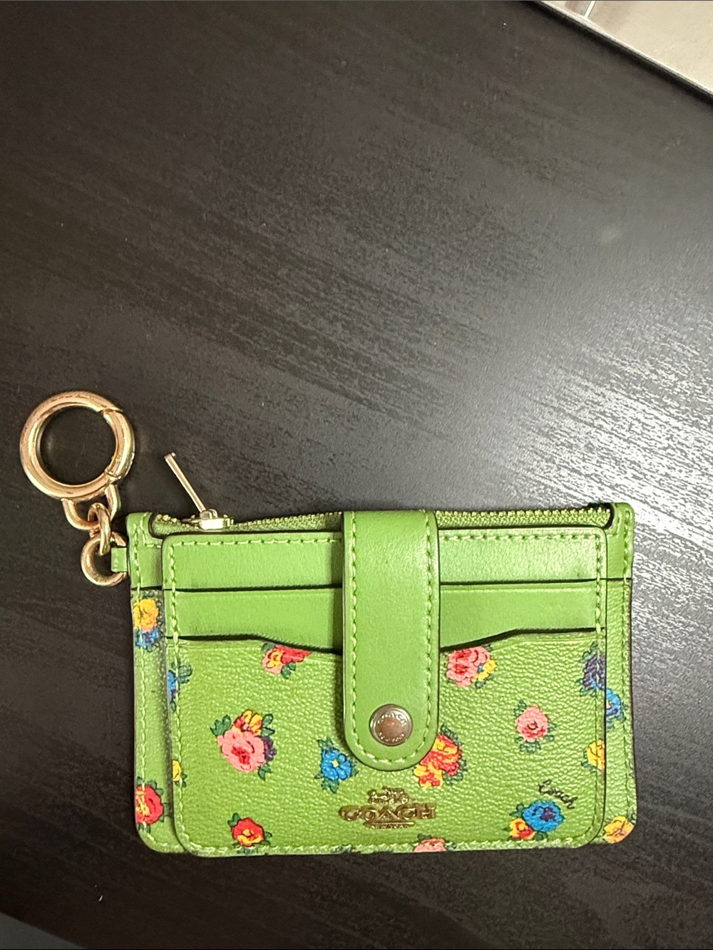 Coach Lime Green Floral Card Case Keychain with Gold Hardware